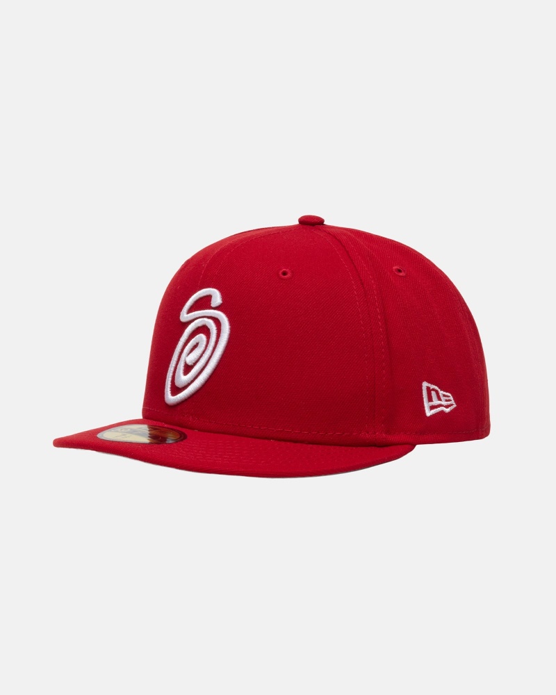 Stussy New Era 59fifty Curly S Hoeden Rood | 97451-GIHE