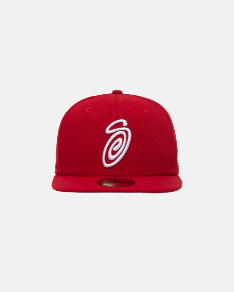 Stussy New Era 59fifty Curly S Hoeden Rood | 97451-GIHE